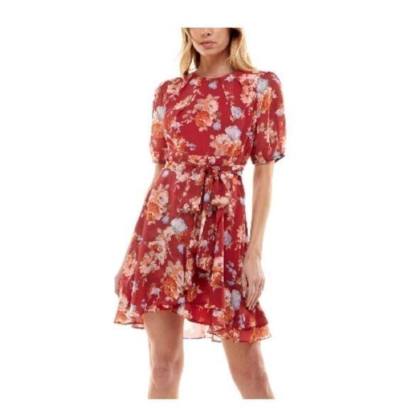 B DARLIN Juniors' Pleated-Neck Puff-Sleeve Dress Brick Multi New 9/10 - Picture 5 of 15